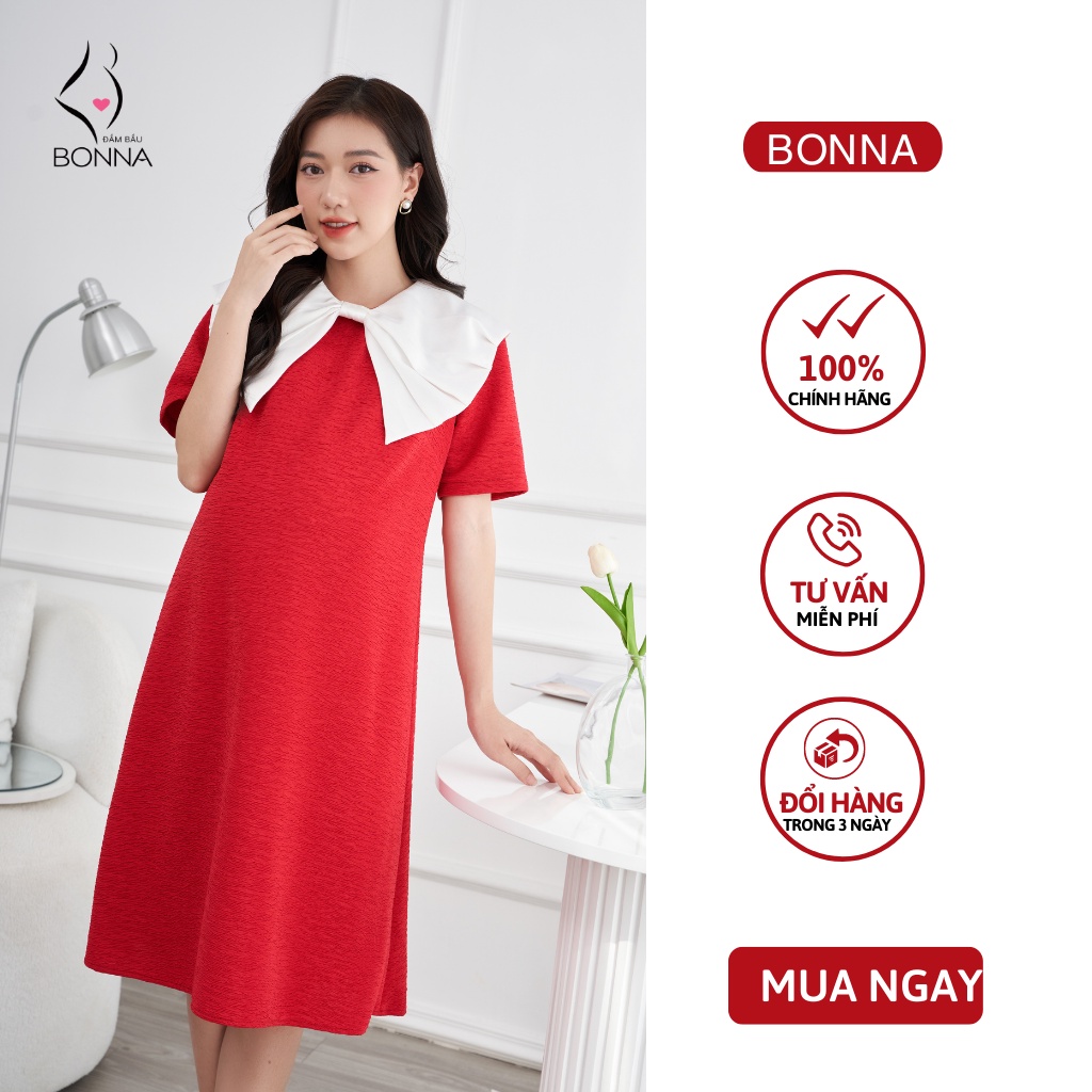 Váy bầu thu đông BONNA chất liệu vải co giãn 4 chiều dày dặn với thiết kế phần cổ nơ cách điệu duyên dáng, nổi bật VS238