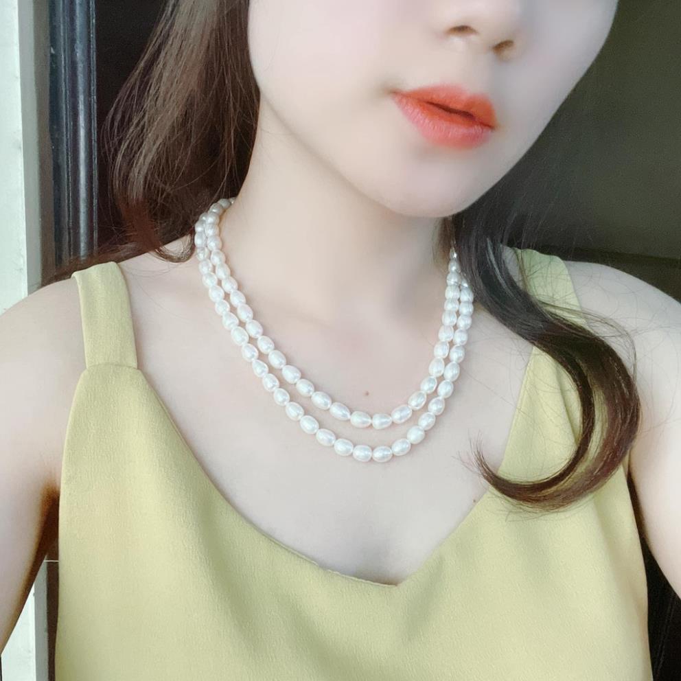 Vòng cổ LISAKIM trai hạt gạo 2 hàng size 7-8 li bóng đẹp phụ kiện trang sức