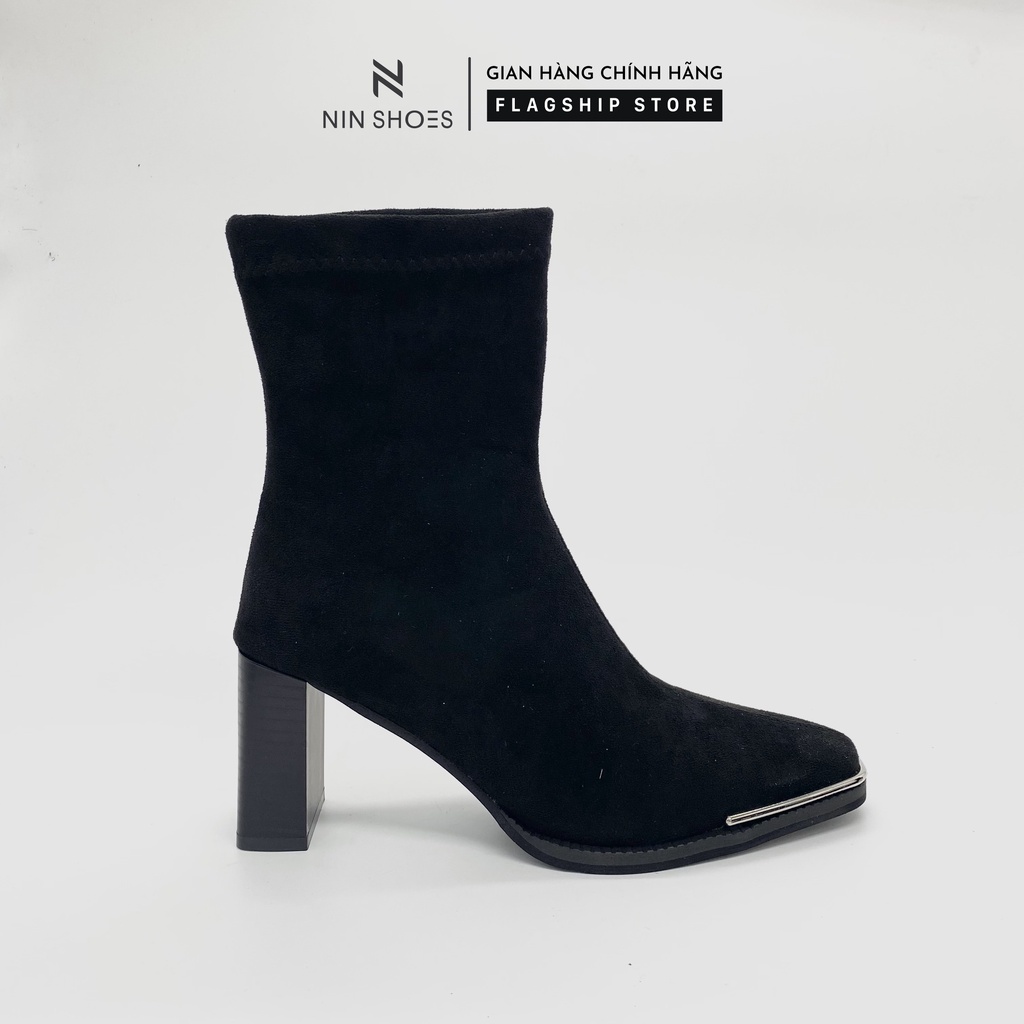 Giày Boot nữ 7p gót vuông mũi bọc sắt da lộn cao cổ Ninshoes | BigBuy360 - bigbuy360.vn