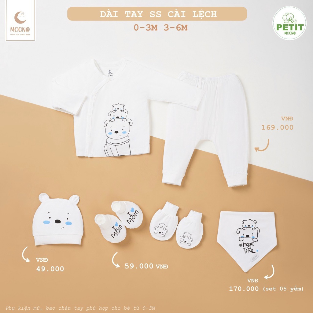 SET Phụ kiện/ Bộ Sơ sinh Moon cài chéo Full đồ vải petit mềm mịn 0-3M, 3-6M