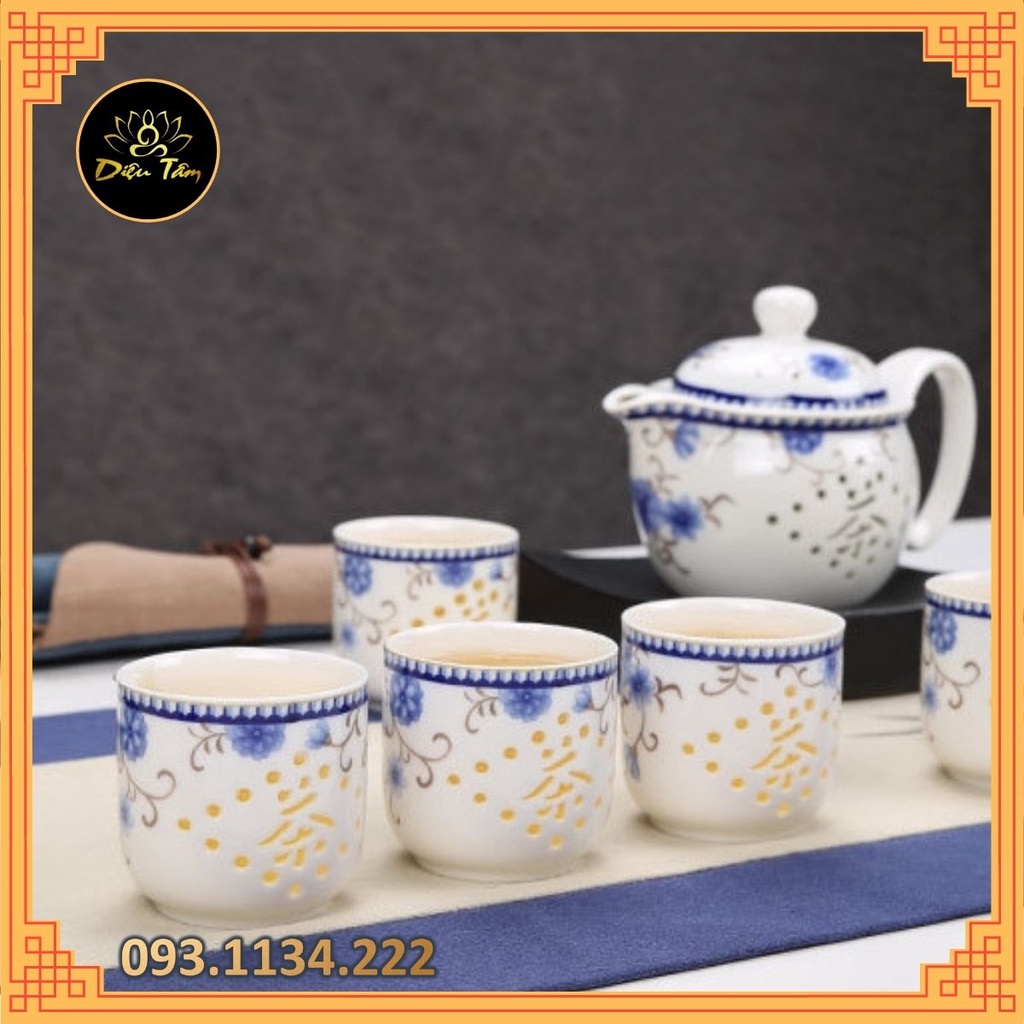 Bộ ấm chén trà gốm hoa vẽ tay cổ điển
