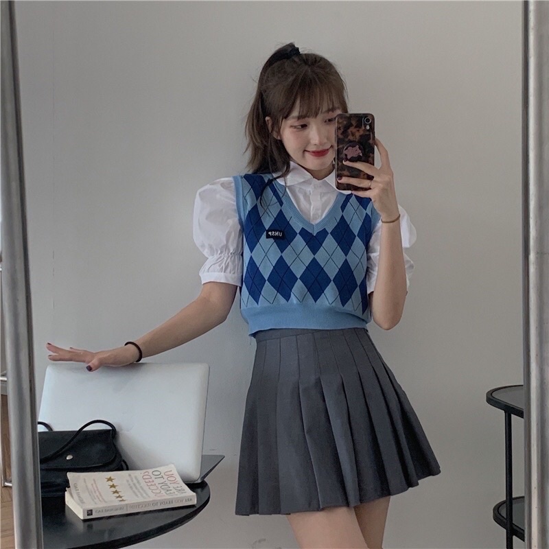 Áo Gile Len Cộc Tay Dáng Croptop Kẻ Vuông Cực Xinh