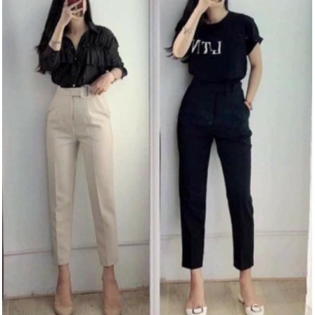 Quần baggy nữ cạp cao đai vuông cúc Lệch form đẹp kiểu: Quần baggy nữ công sở MOMOTO
