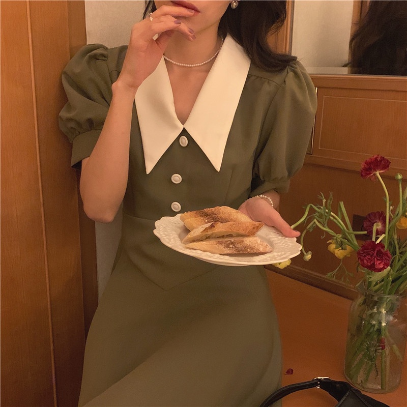 SUXI Đầm Tay Ngắn Màu Sắc Trơn Phong Cách Vintage Hàn Quốc