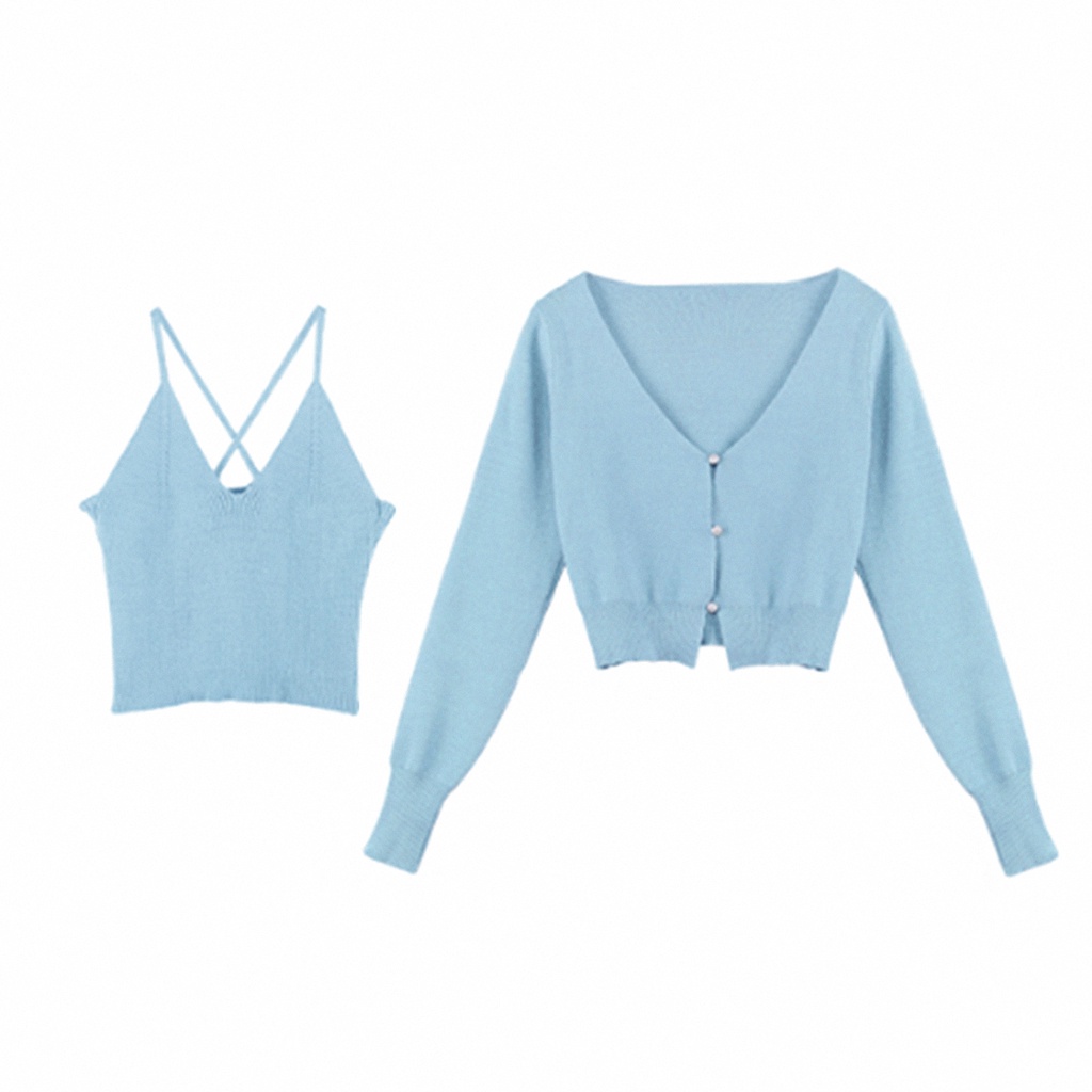 QKOOLE  Áo cardigan màu trơn và áo hai dây dệt kim thời trang Hàn Quốc cho nữ