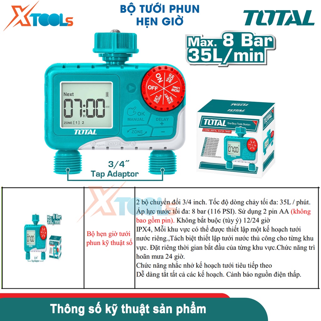 Bộ hẹn giờ tưới cây kỹ thuật số Total THHCQ9206 đồng hồ hẹn giờ tưới cây dùng pin van 3/4 inch IPX4 [CHÍNH HÃNG][XTOOLS]