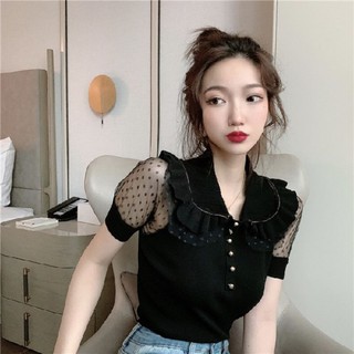 Áo thun len cổ sen bèo nút tay voan cao cấp