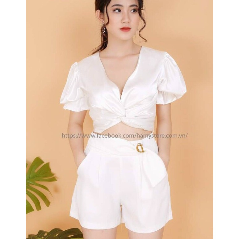 set xinh áo voan xoắn ngực kèm quần short xinh chất kate lụa mềm, ảnh thật, free size