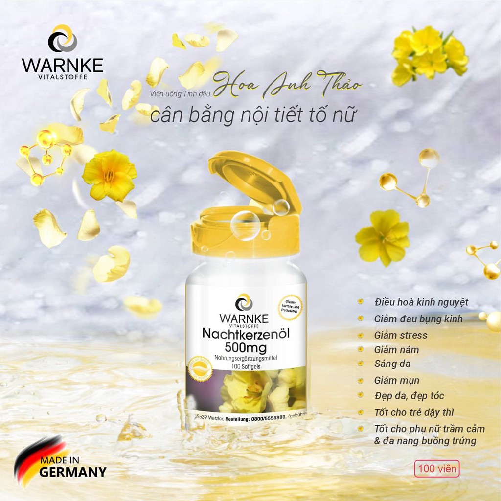 Hoa Anh Thảo nội địa Đức - Điều hòa nội tiết tố, đẹp da, chống viêm, giảm mụn - Warnke Nachtkerzenöl 500mg (100 viên)