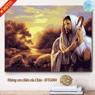Tranh sơn dầu số hóa có khung tự tô màu theo số NHỮNG CON CHIÊN CỦA CHÚA SVTG004 ( Tranh tô màu Chúa Jesus góc sắc màu )