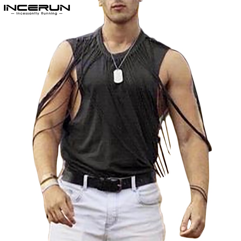 Áo ba lỗ INCERUN cổ tròn dáng rộng phối tua rua thời trang cho nam