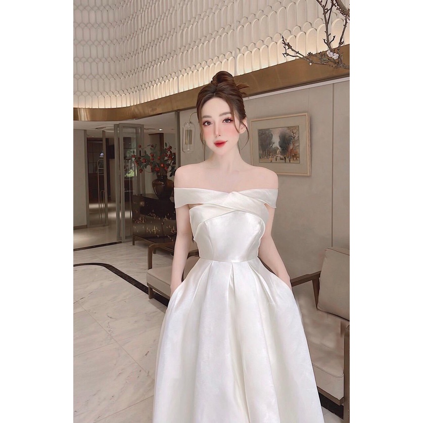[9.9 Sales Freeship] Đầm công chúa đi tiệc, đầm cup ngực trễ vai dáng dài, đầm xòe bẹt vai chất tapta sang trọng dx