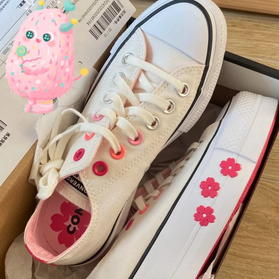 Giày CONVERSE Vải Canvas Đế Dày Họa Tiết Hoa Anh Đào Xinh Xắn Cho Nữ