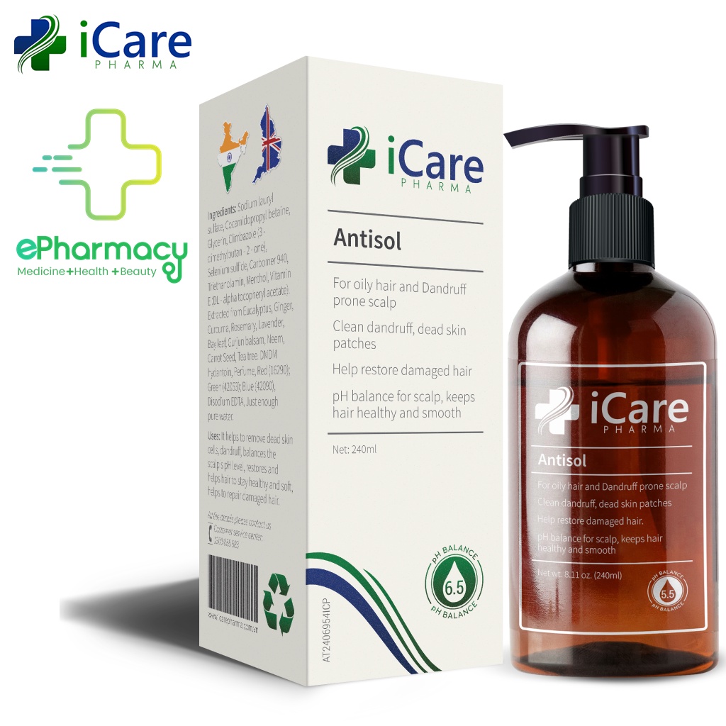 Dầu Gội iCare Pharma Antisol dược liệu pH 6.5 làm sạch gàu, giảm ngứa và bết tóc 240ml