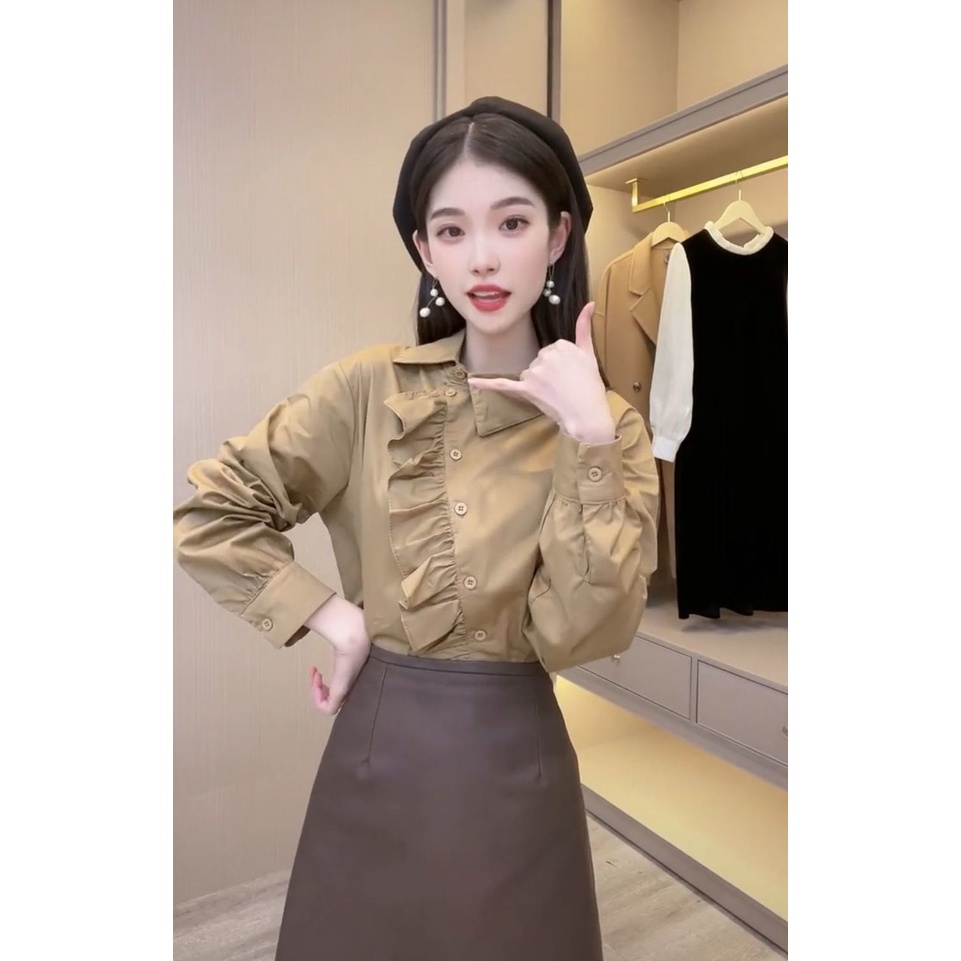 Wu Xiaotong Studio Áo Sơ Mi Mỏng Màu Trơn Cài Nút Ren Sớm Thời Trang Cổ Điển