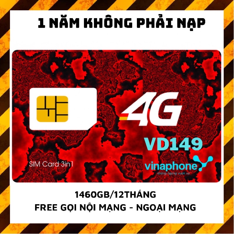 [MIỄN PHÍ 1 NĂM] SIM 4G VINAPHONE Không Nạp D500/D60G/Vd149 4GB/Ngày Miễn Phí Gọi Nội, Ngoại Mạng. Sim DATA Giá Rẻ, Sim