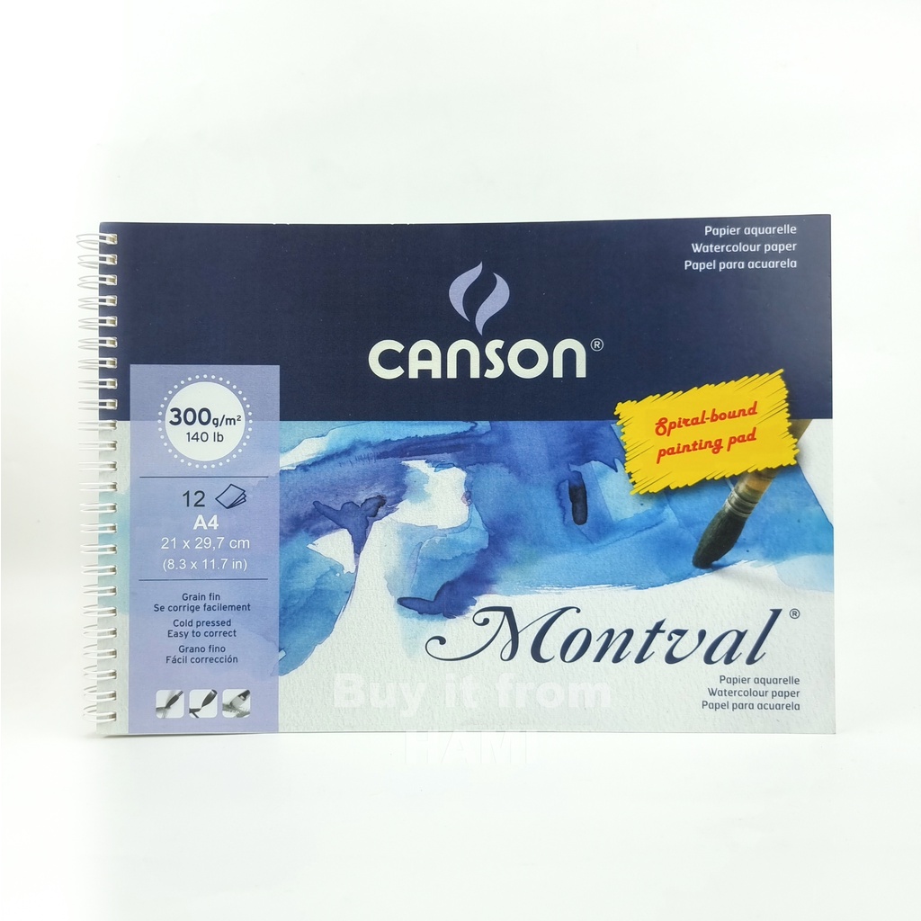 Giấy vẽ Màu nước CANSON MONTVAL PAD A4 12 tờ 300gsm (Vân Mịn HOT)