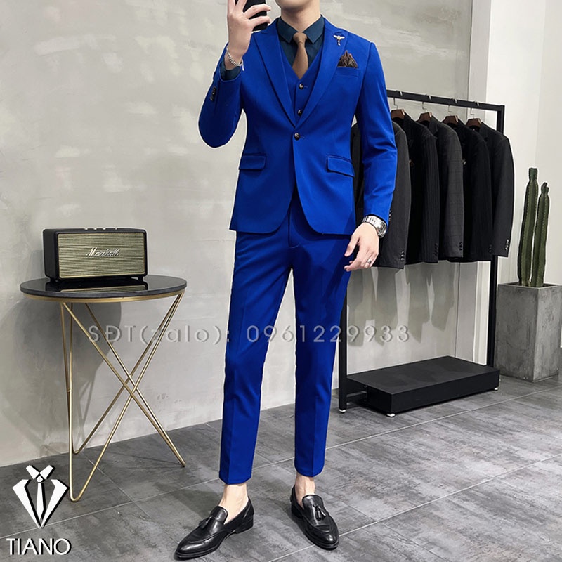 Bộ Vest nam form ôm body màu Xanh Coban chất vải dày mịn co giãn nhẹ, form ôm đẹp. Suit Nam Cao Cấp - TIANO STORE