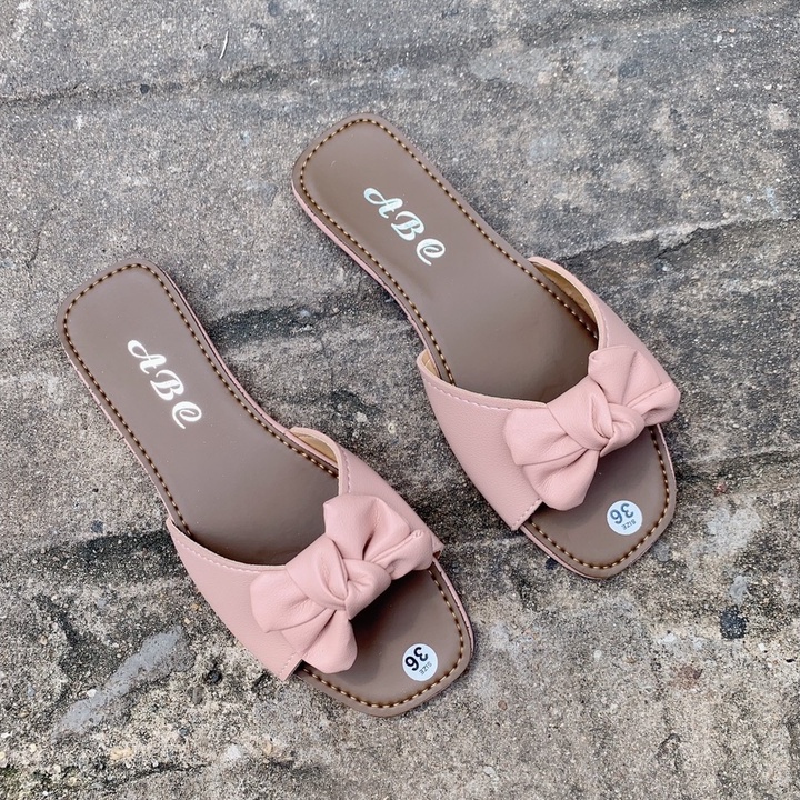 Dép lê Nữ quai ngang nơ ú thời trang đá yêu- dép xẹp kiểu nữ