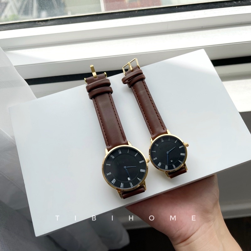 Đồng hồ dây da DAPPER3238 nam nữ cặp đôi dây da nâu mặt đen viền vàng xem được ngày 32mm
