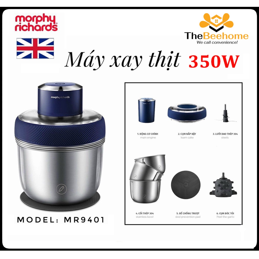 Máy xay thịt thực phẩm đa năng Morphy Richards MR9401 - Bộ 3 cối inox, xay rau củ, chà bông, bóc tỏi - BH 12 THÁNG
