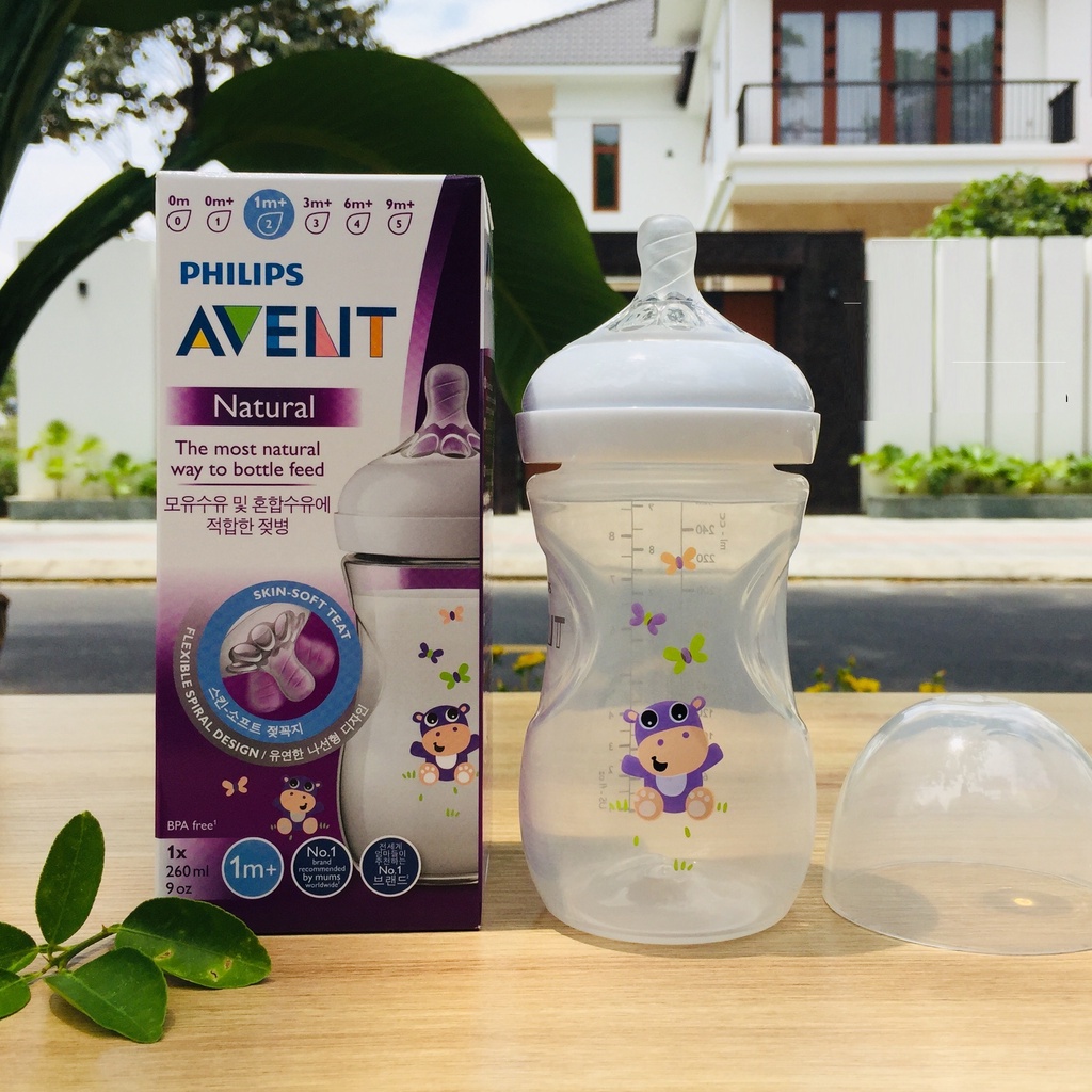 Bình sữa Philips Avent Natural 260ml hoạ tiết chim hạc và hà mã