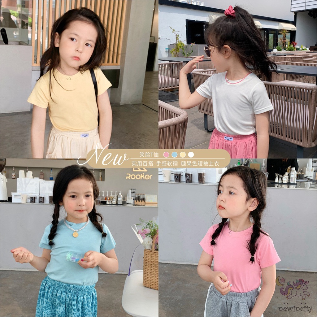 Áo Thun Tay Ngắn Màu Sắc Trơn Thời Trang Mùa Hè Hàn Quốc Dành Cho Bé Gái