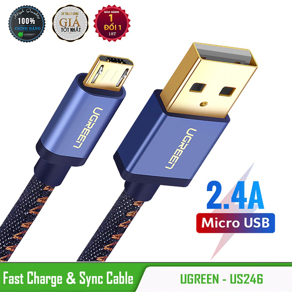 Cáp Sạc Điện Thoại Micro USB 2.4A Bện Jeans Cao Cấp UGREEN