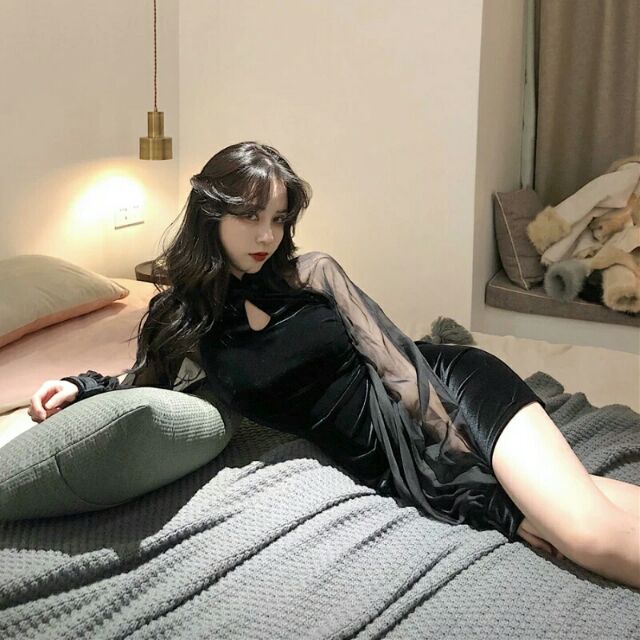 ORDER 7-10n _ Sườn xám nhung đen tay voan (có ảnh thật) | BigBuy360 - bigbuy360.vn