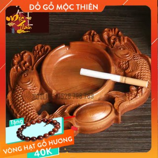 Gạt Tàn Thuốc Gỗ Hương Đỏ khắc  Đôi Cá Chép Tài Lộc (hàng cao cấp)
