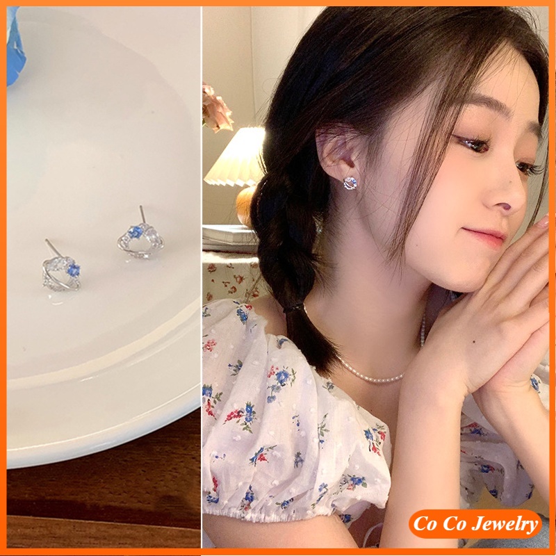 Bông Tai Mạ Bạc 925 Hình Hành Tinh Đính Đá Zircon Xanh Dương Phong Cách Hàn Quốc Cho Nữ