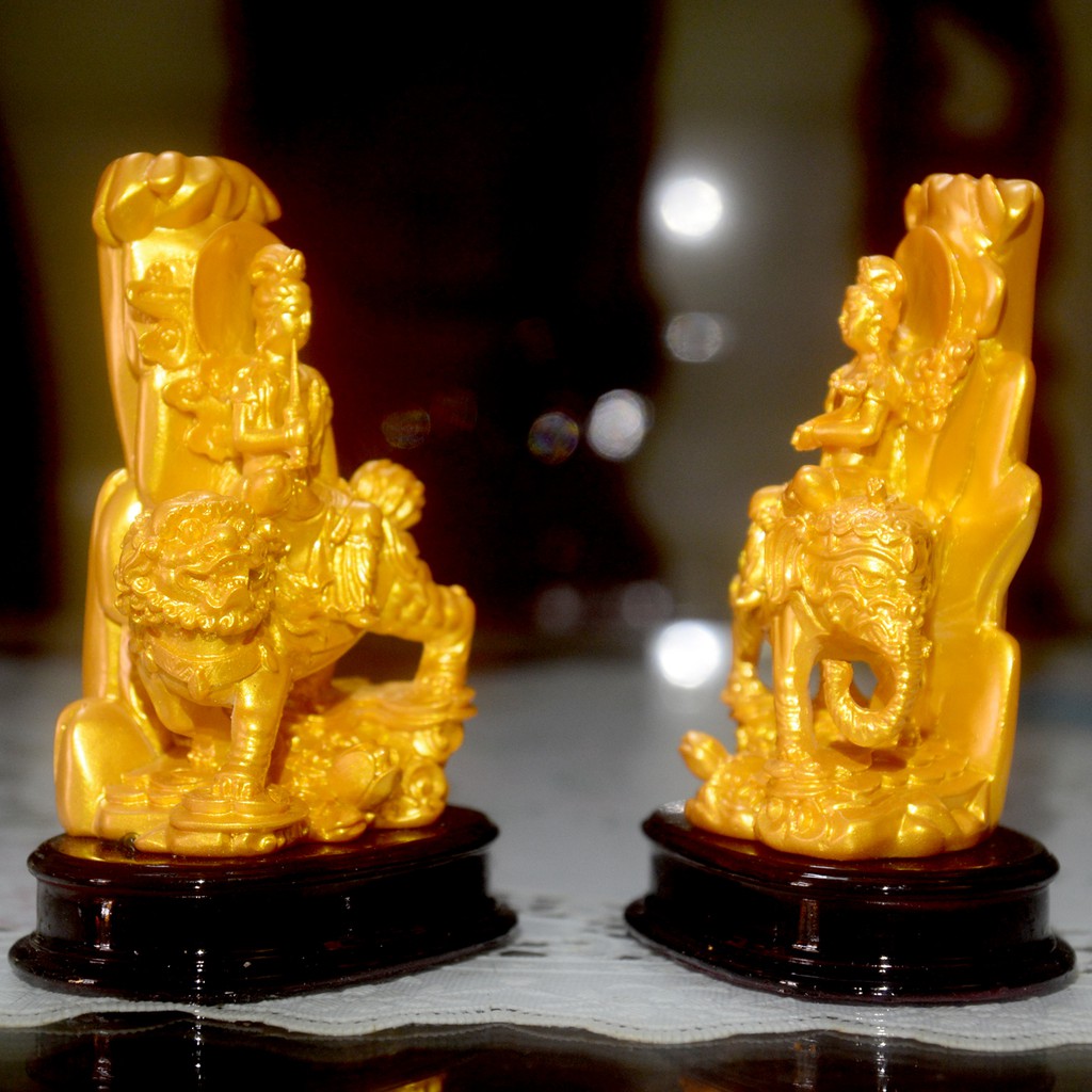 Bộ tượng Bồ Tát Văn Thù-Phổ Hiền đứng sơn nhũ vàng cao 10cm