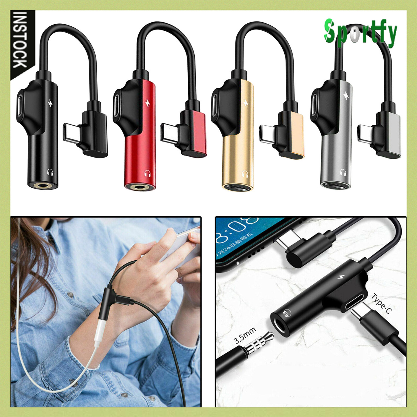 Sportfy 2-in-1 USB-C PD Headphone Jack Adapter for Aux Stereo Earphones