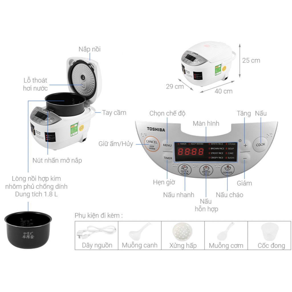 Nồi cơm điện tử Toshiba 1.8 lít RC-18DH2PV(W) hàng chính hãng,mới 100%