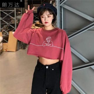 Áo crop top tay dài in hình kèm ảnh tự chụp thật