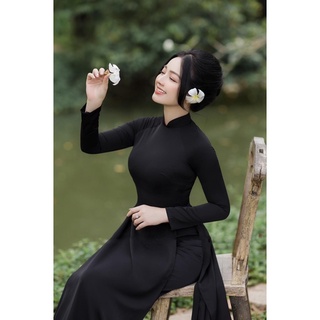 Áo Dài Lụa Đen Trơn 4 Tà Tay Dài May Sẵn
