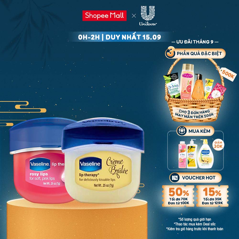 Combo 2 sáp dưỡng môi Vaseline dạng hũ Lip Therapy: hồng xinh Rosy Lips & ngọt ngào Creme Brulle (7gx2)