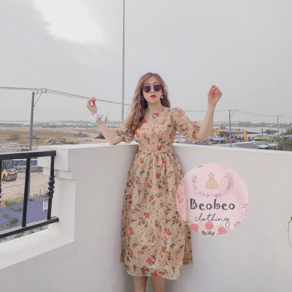 Đầm midi voan hoa nhí tay phồng thắt nơ vintage