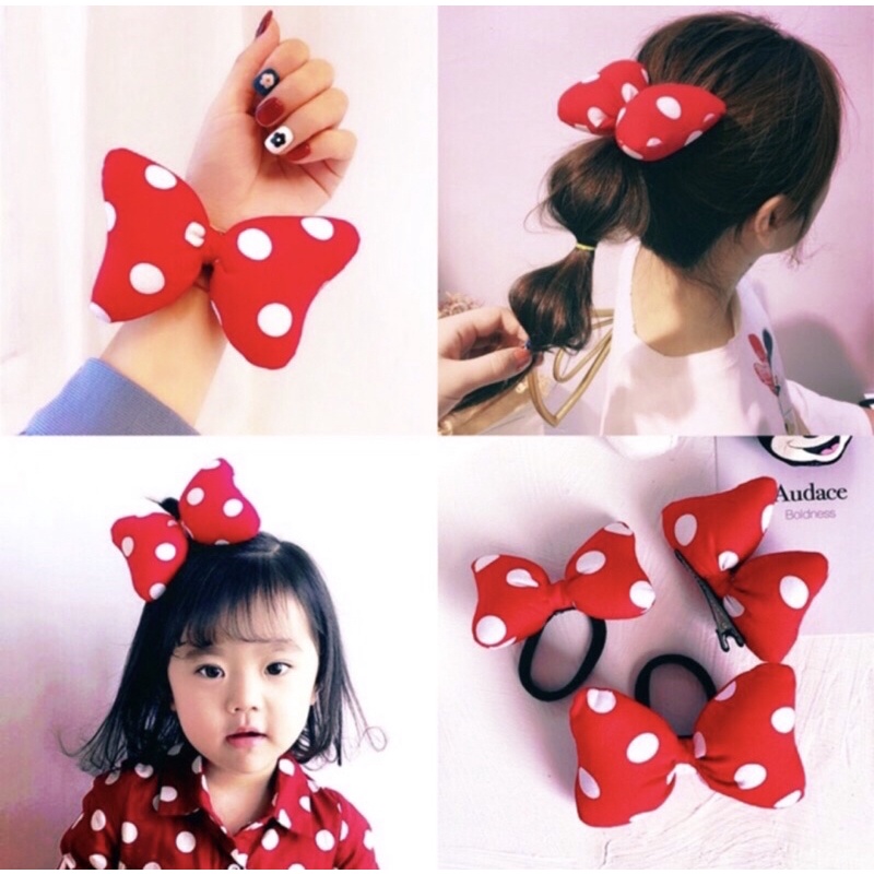 CỘT TÓC NOEL NƠ ĐỎ CHẤM BI MICKEY, PHỒNG, dễ thương cho bé giáng sinh, Tết