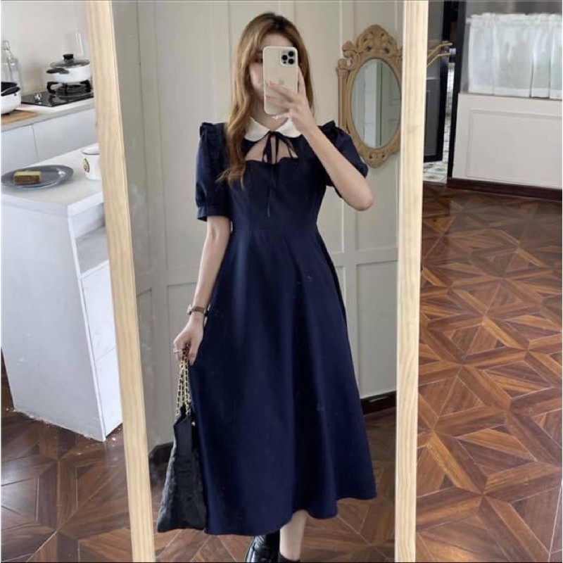 Đầm kiểu dài maxi nữ thắt nơ cổ tay ngắn dáng suông xoè hoa nhí - Order taobao quảng châu