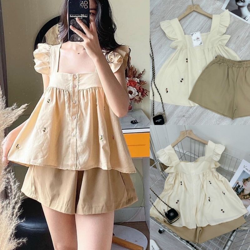 Bộ mặc nhà babydoll nữ thêu tổ ong tay cánh tiên chất đũi lụa mềm mát - Mã B110