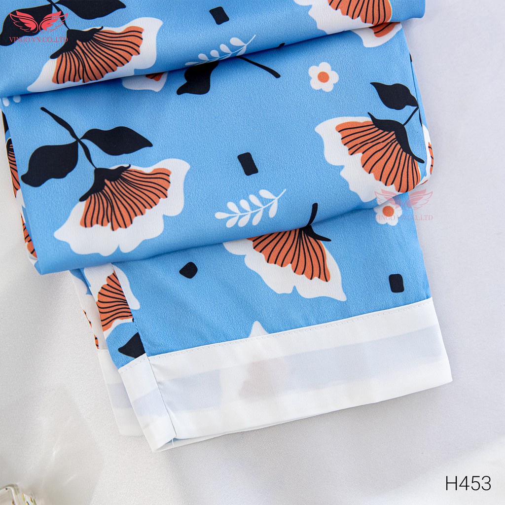 Đồ Bộ Ngủ Nữ Pijama Mặc Nhà VINGO Lụa Pháp Cao Cấp Tay Cộc Quần Dài Cổ Cách Điệu Họa Tiết Hoa Nền Xanh H453 VNGO