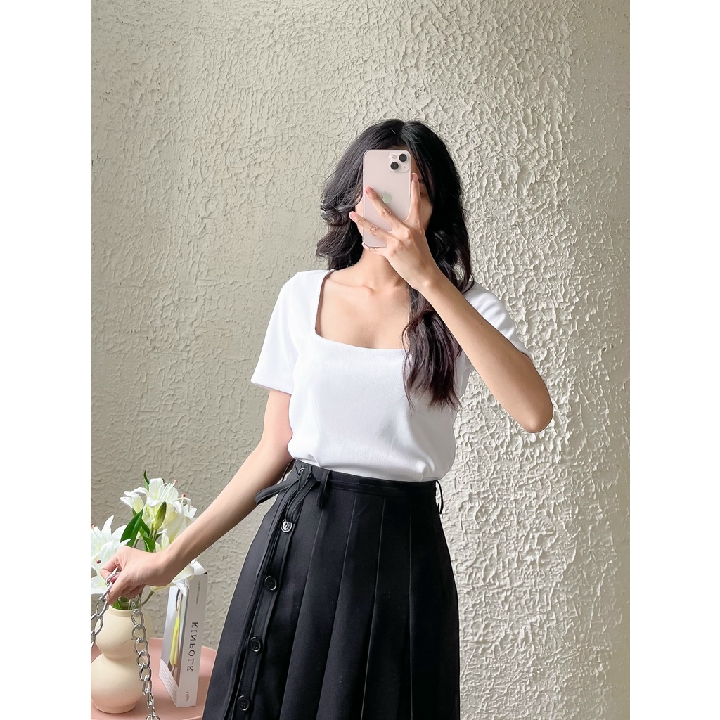 Áo thun gân cổ vuông tay ngắn - EDINI - A1423