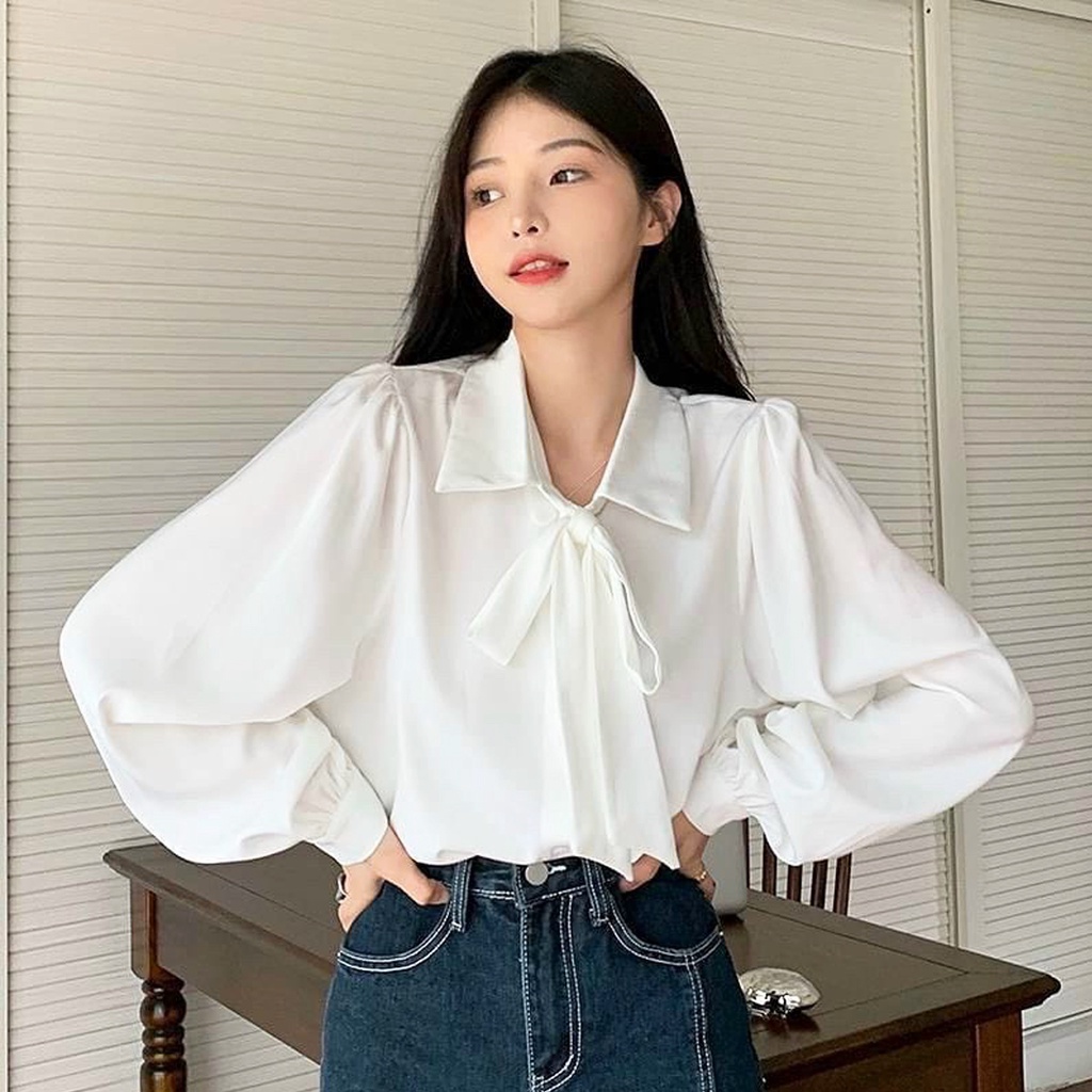 Áo sơ mi kiểu nữ Ulzzang, Áo sơ mi cổ đức phối dây nơ tay phồng thanh lịch