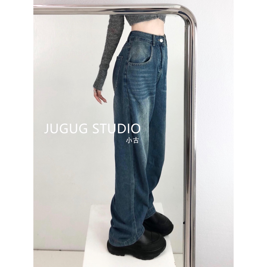 ♀❇Quần Jeans Dài Lưng Cao Ống Rộng Thời Trang Retro Cho Nữ