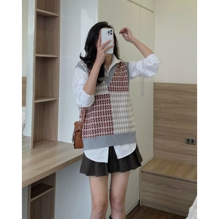 Áo len gile nữ, cổ tim, họa tiết kẻ