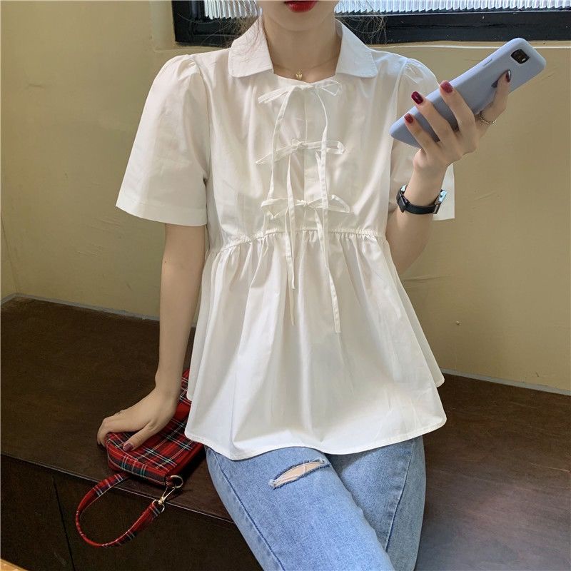 Áo Sơ Mi Tay Ngắn Dáng Rộng Màu Trơn Cột Nơ Dễ Thương Thời Trang Mùa Hè Cho Bạn Gái