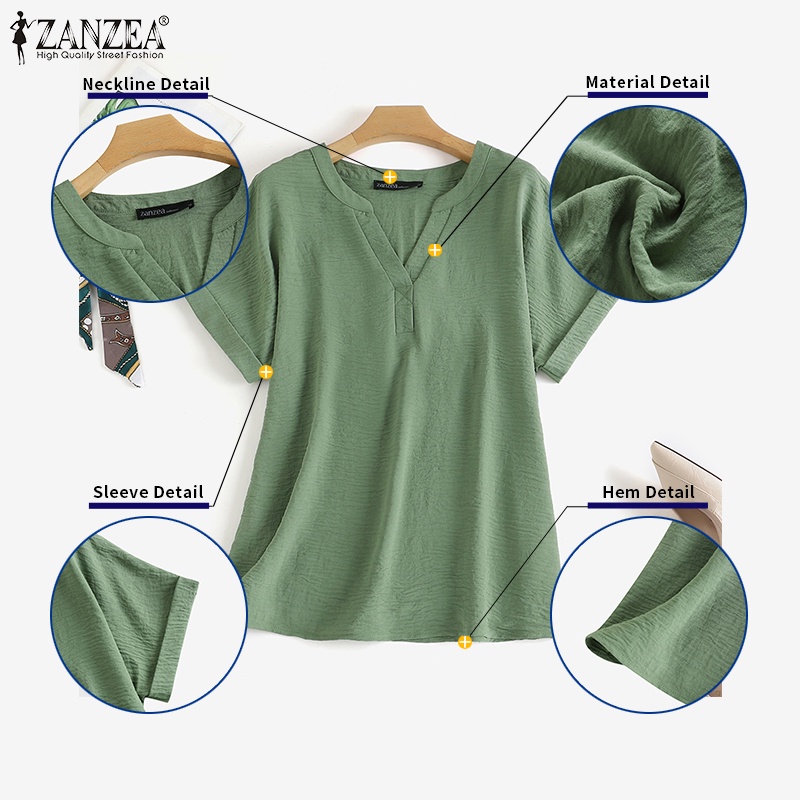 Zanzea Áo Nữ Tay Ngắn Cổ Chữ V Màu Trơn Phong Cách Châu Âu