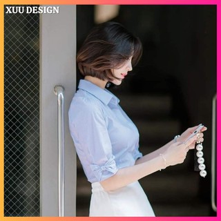 Áo sơ mi nữ công sở moonmy sơ mi cộc tay phối nơ [ bs07)