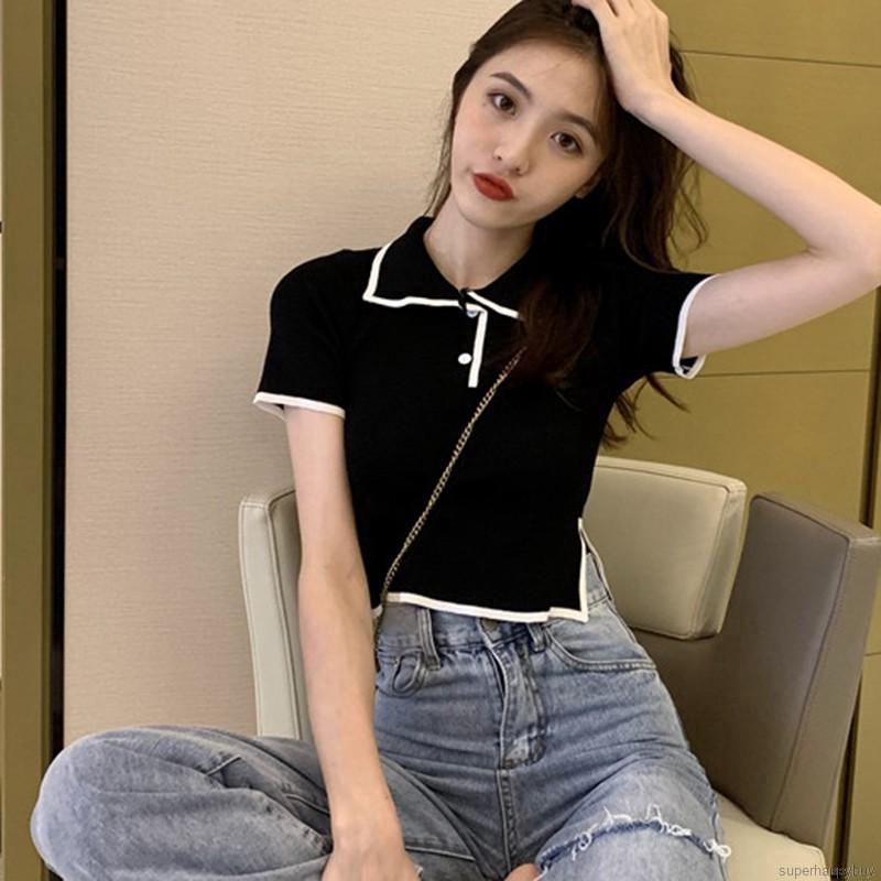 Áo thun dệt kim nữ tay ngắn phối màu thời trang